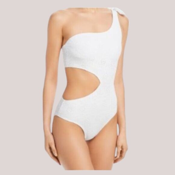 Aqua Bloomingdale's White-Eyelet One-Shoulder Cut-Out One-Piece Swimsuit S NWT - Picture 1 of 2
